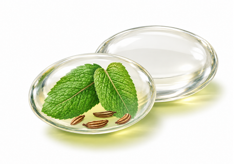 Een illustratie van 2 transparante capsules, in 1 van de capsules zie je karwij- en muntblaadjes
